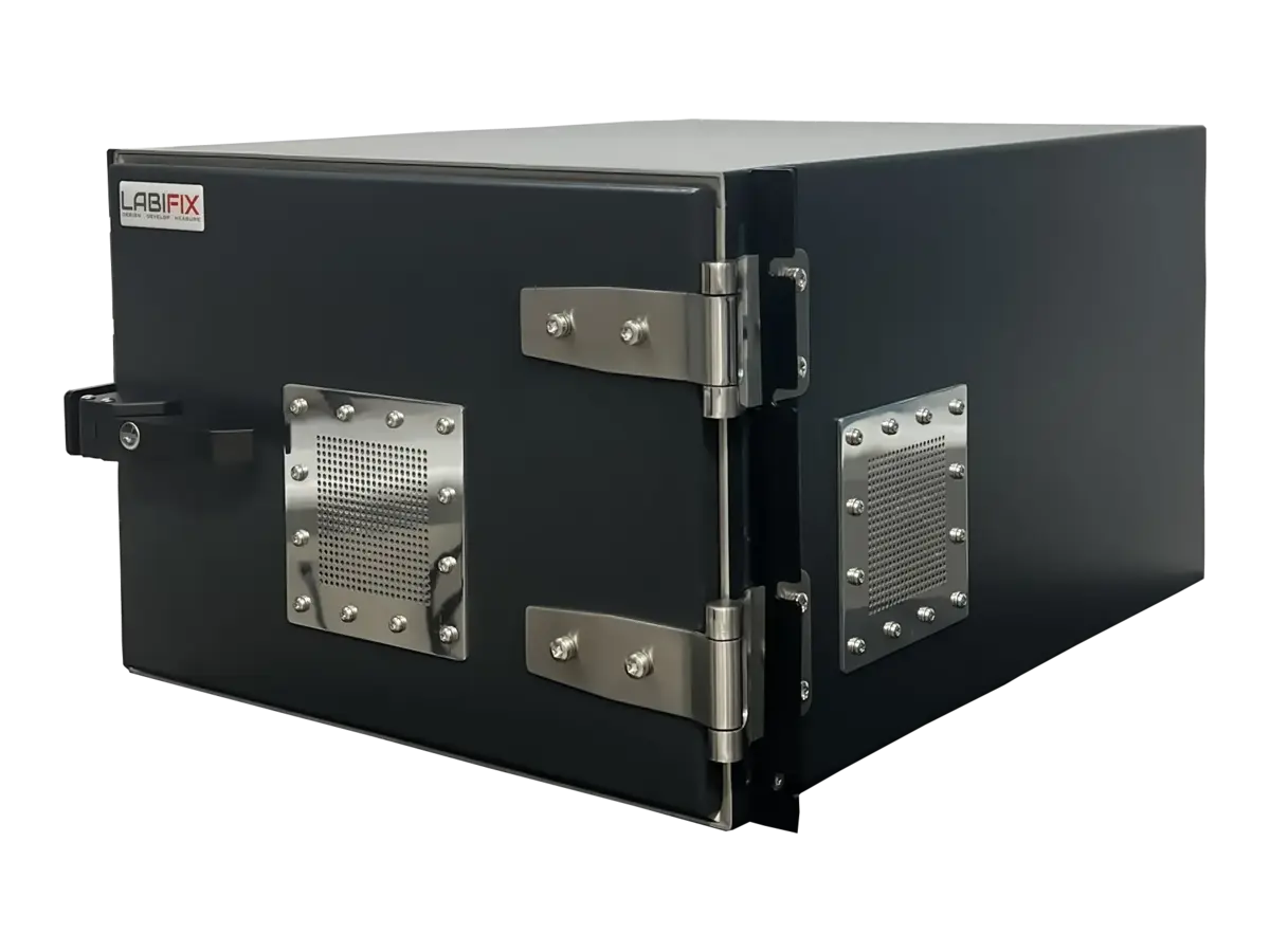 front-left view of LBX2005 rackmount emc shielded enclosure in compliance testing setup