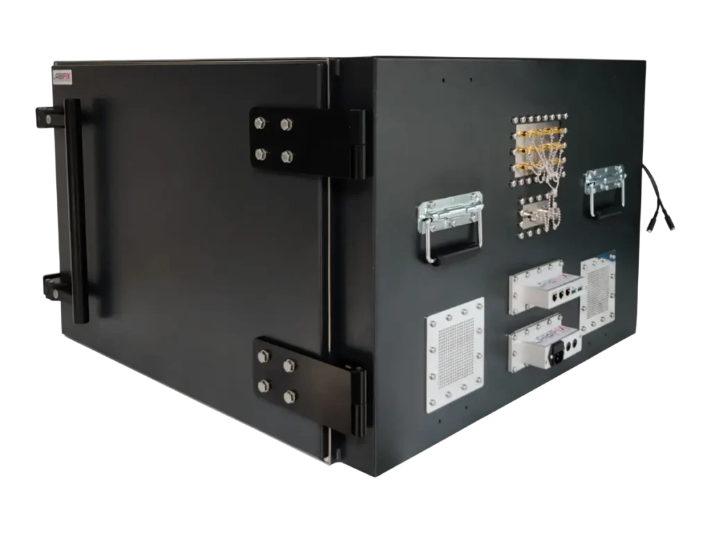 front-left view of LBX5600 benchtop rf enclosure for secure communications hardware validation
