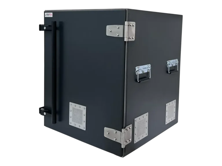 front-left view of LBX6100 benchtop rf enclosure for aerospace communication hardware testing