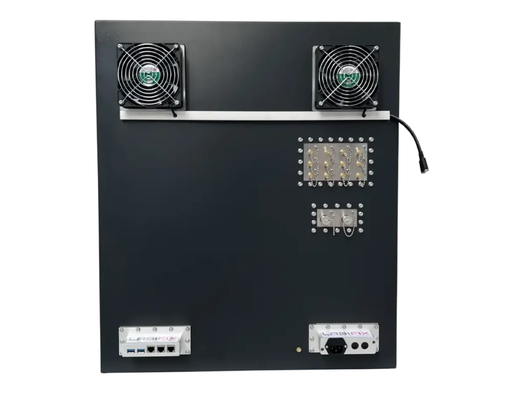 rear view of LBX6100 benchtop rf enclosure with rf interfaces for embedded wireless systems