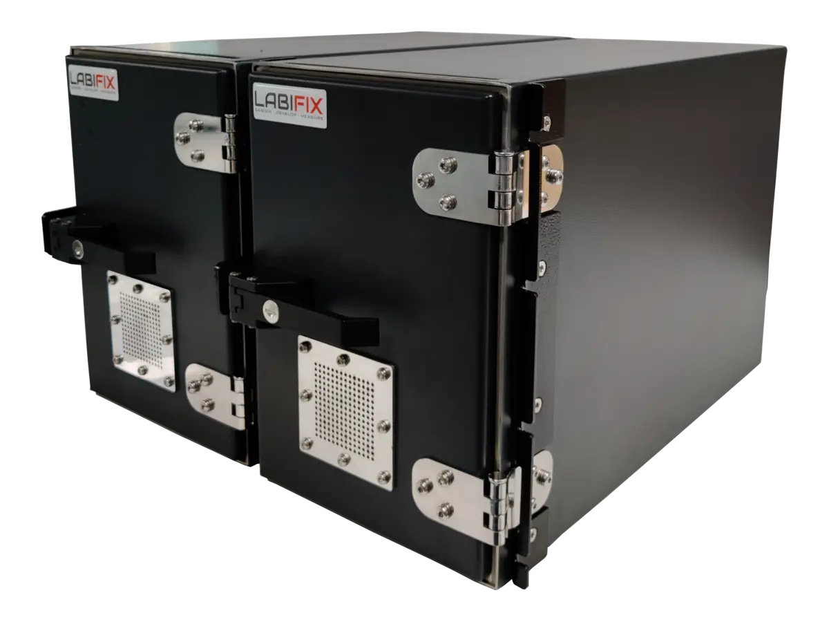 front-left view of LBXRM1600 rf shield rack installed in automated test rack system