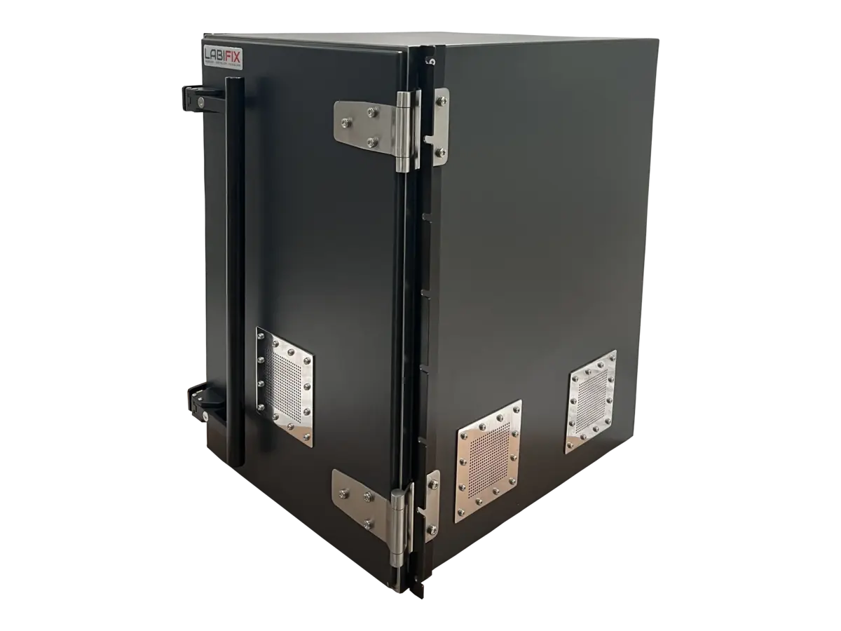 front-left view of LBX4100 rackmount rf shield rack for multi device testing