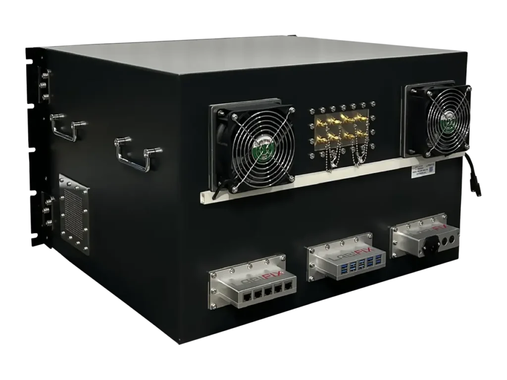 rear view of LBX5350 rackmount rf shield rack with rf ports and control interfaces