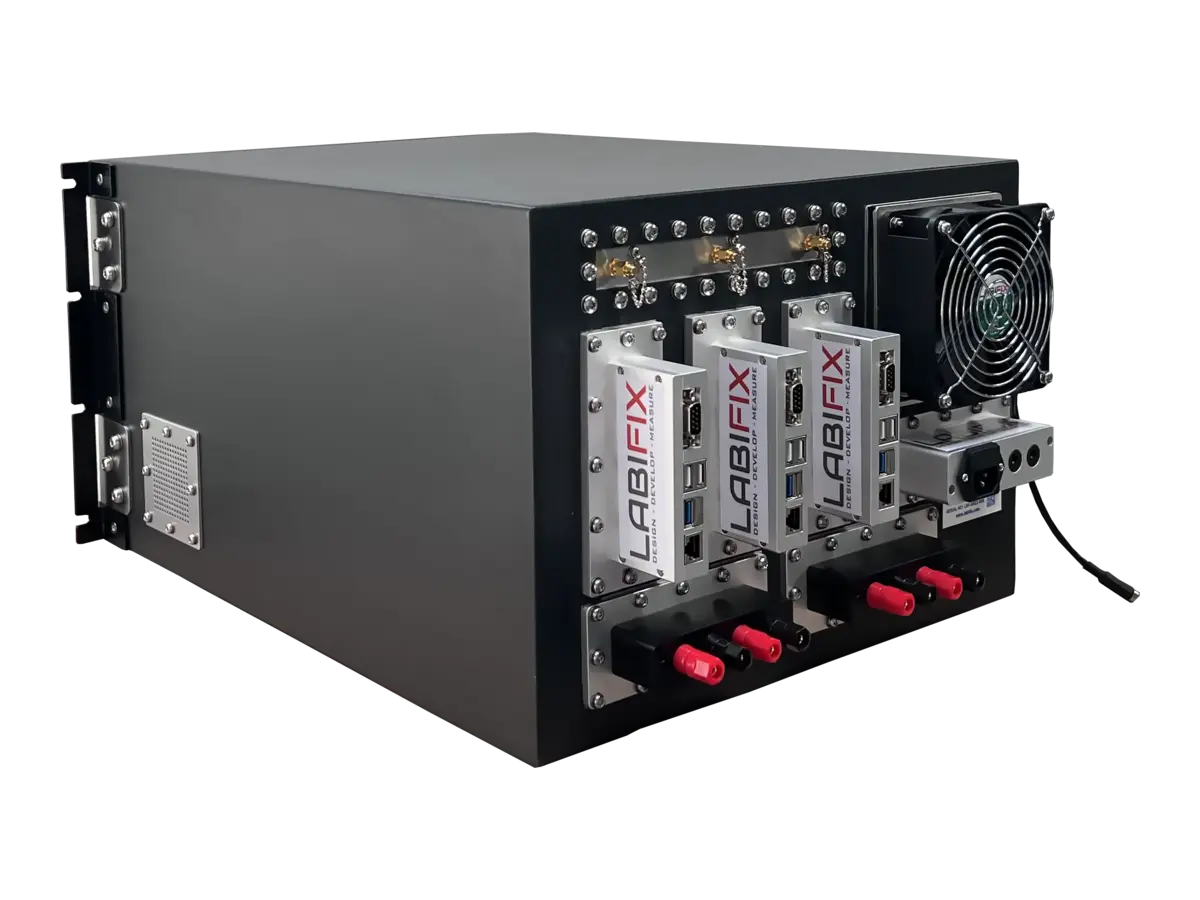 LBX2002 rf enclosure system rear-left view in telecom infrastructure testing setup