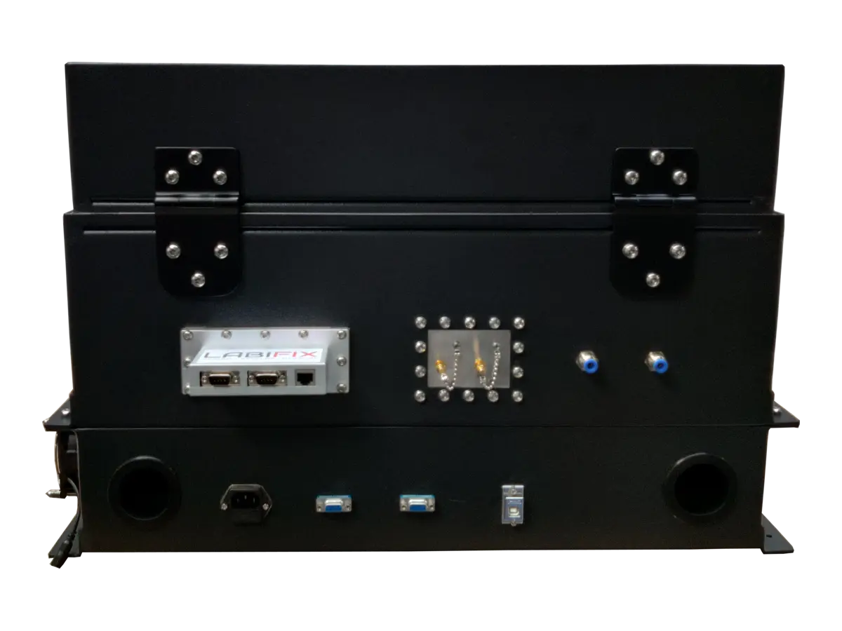 rear view of LBX3000 pneumatic RF shielded enclosure with automation controls and RF interfaces