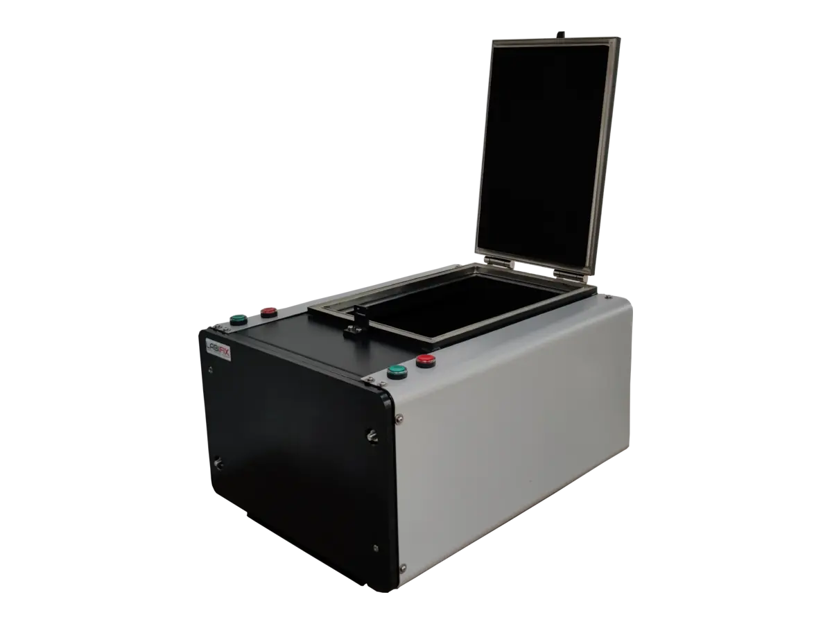 front-left view of LBX3100 pneumatic RF test enclosure for aerospace avionics and satellite component validation